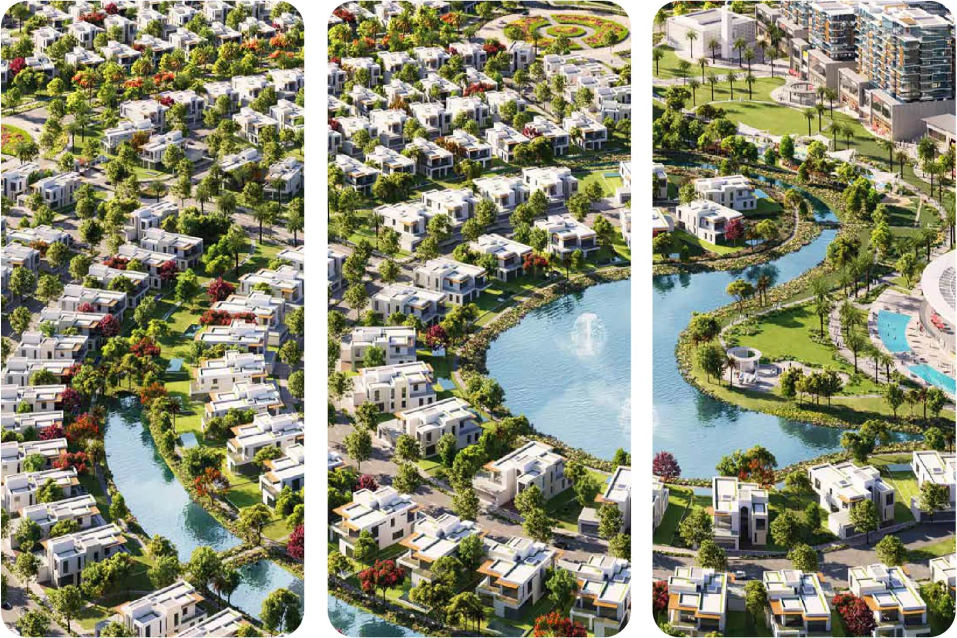 Lakeside villa community with lush green landscape