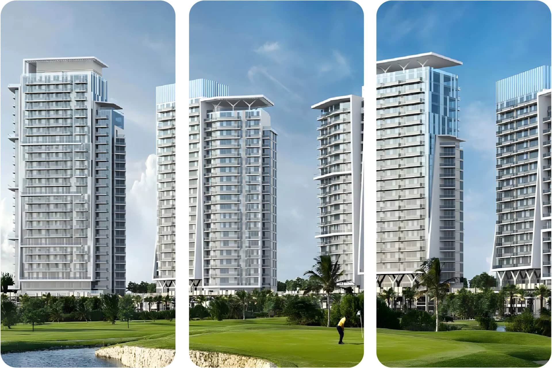 Luxurious apartment building by a golf course and sky