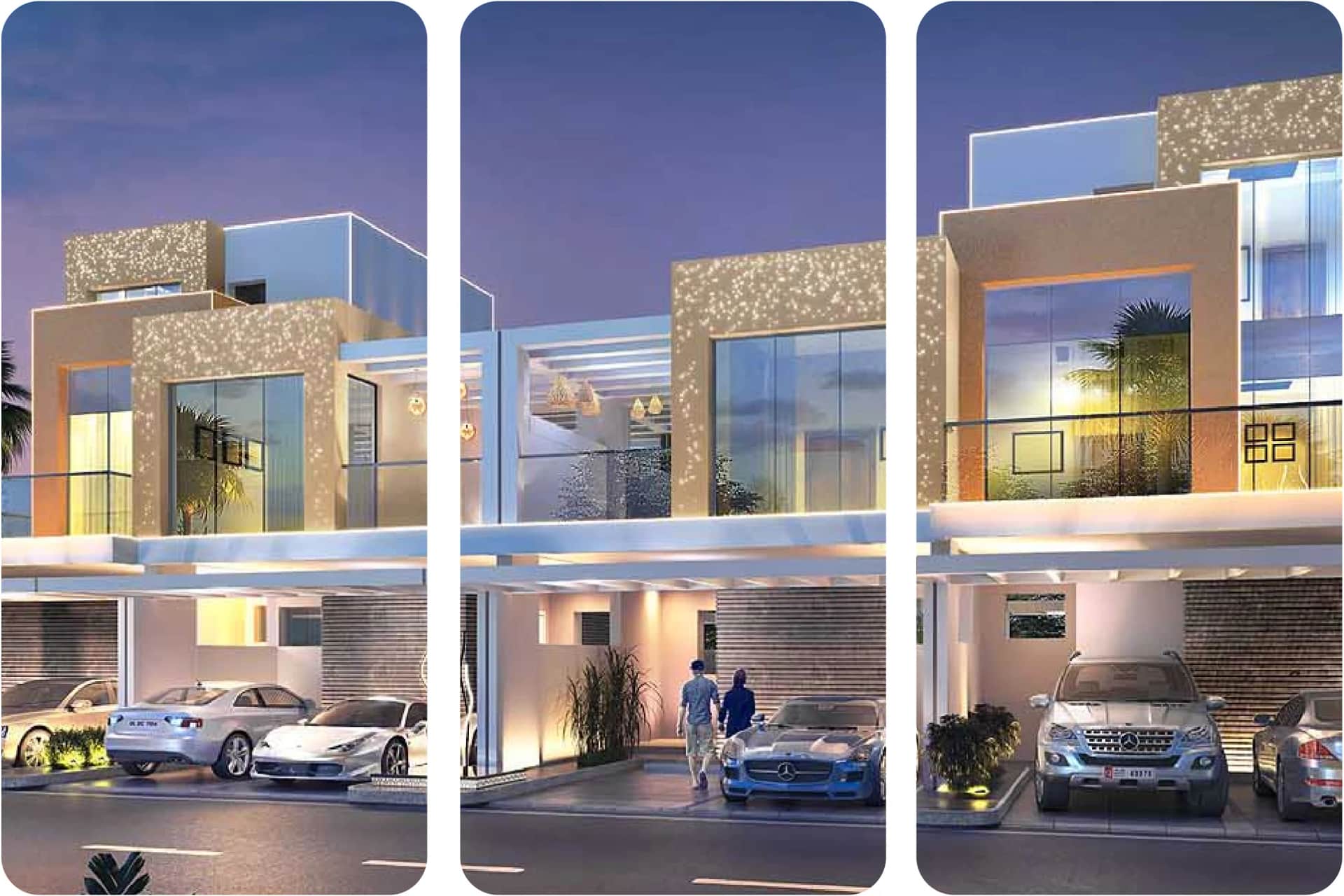 Modern townhouses with outdoor seating and landscaped gardens