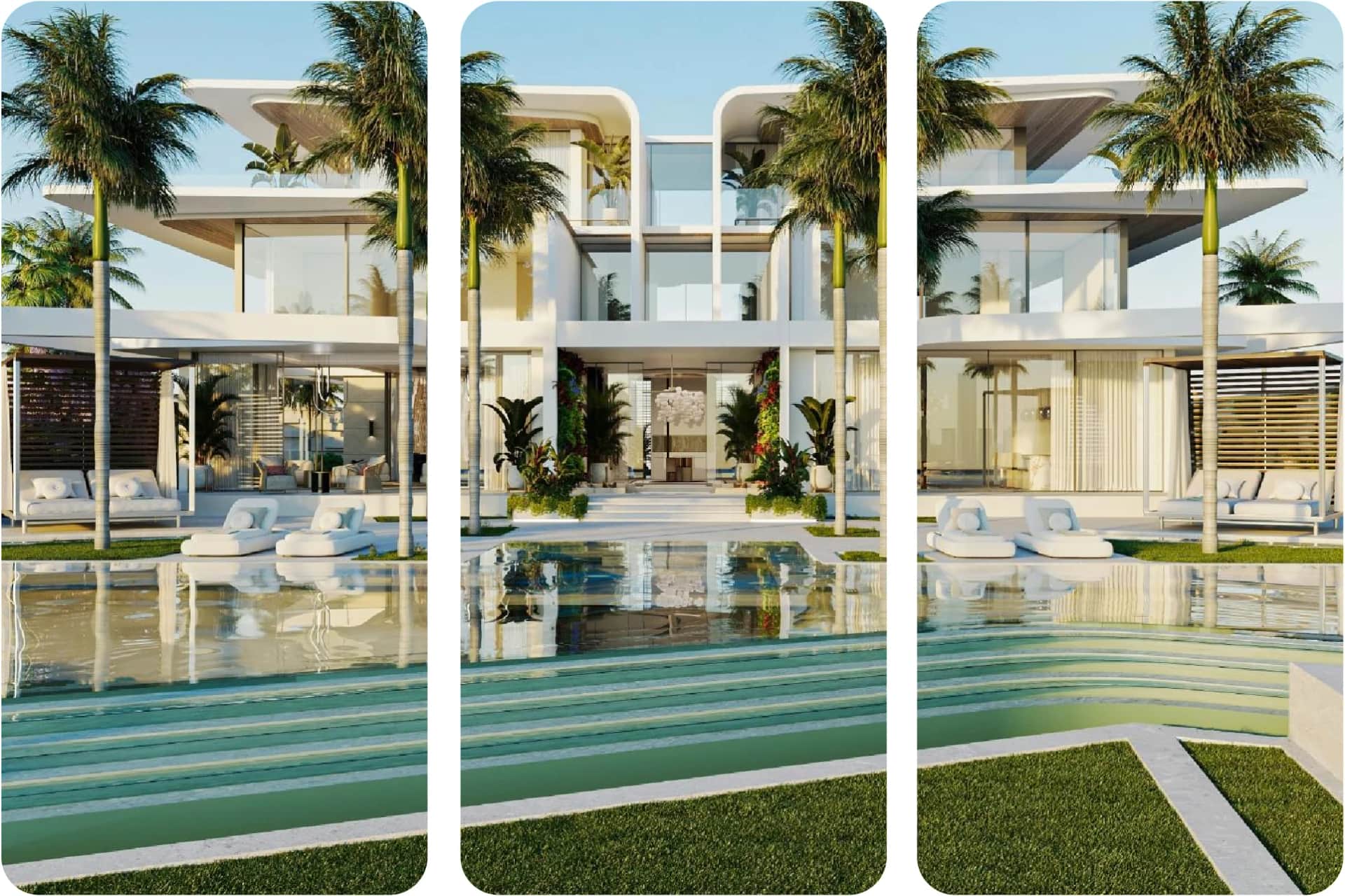 Luxury villa exterior with palm trees and stunning design