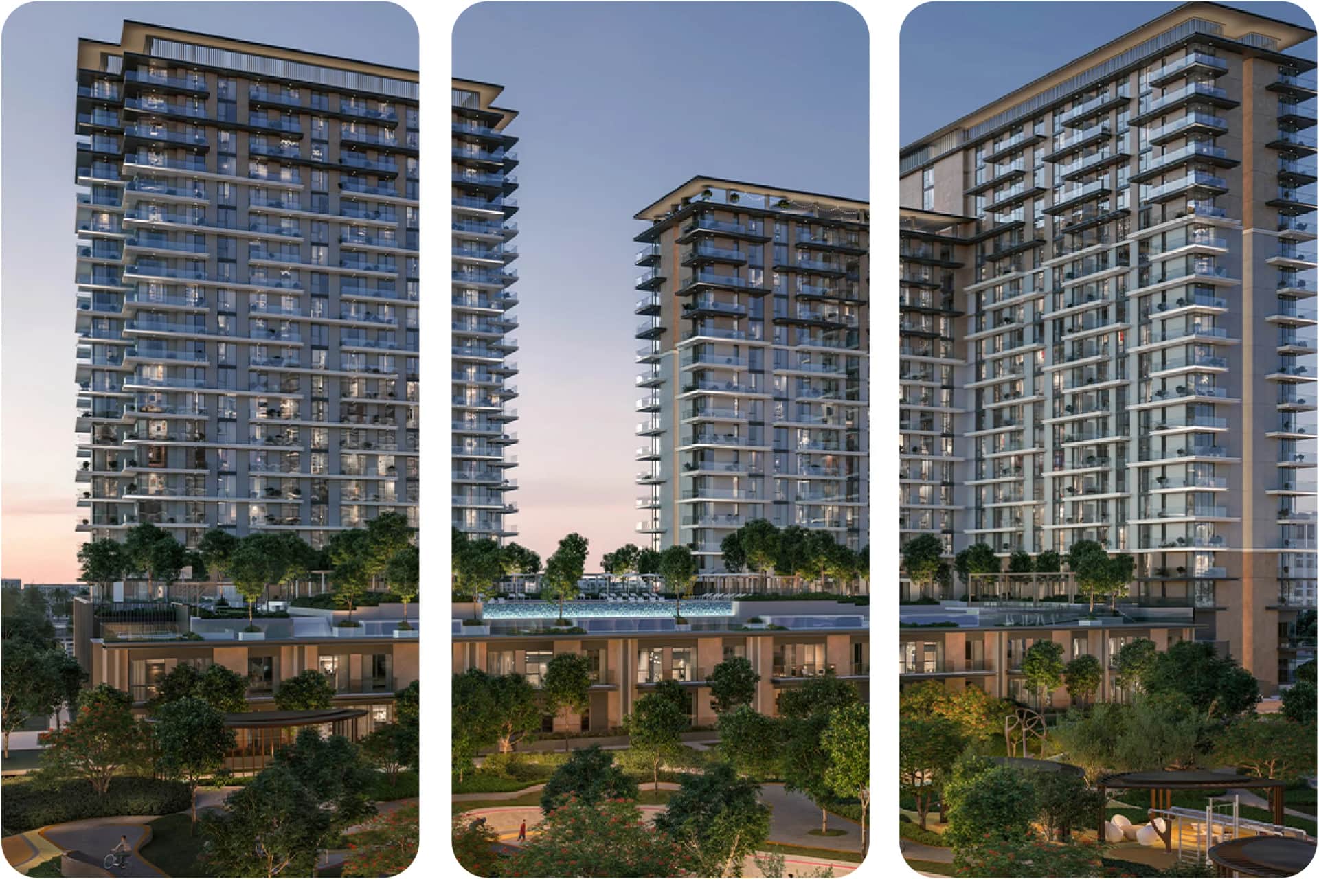 Residential complex with high-rise buildings and gardens