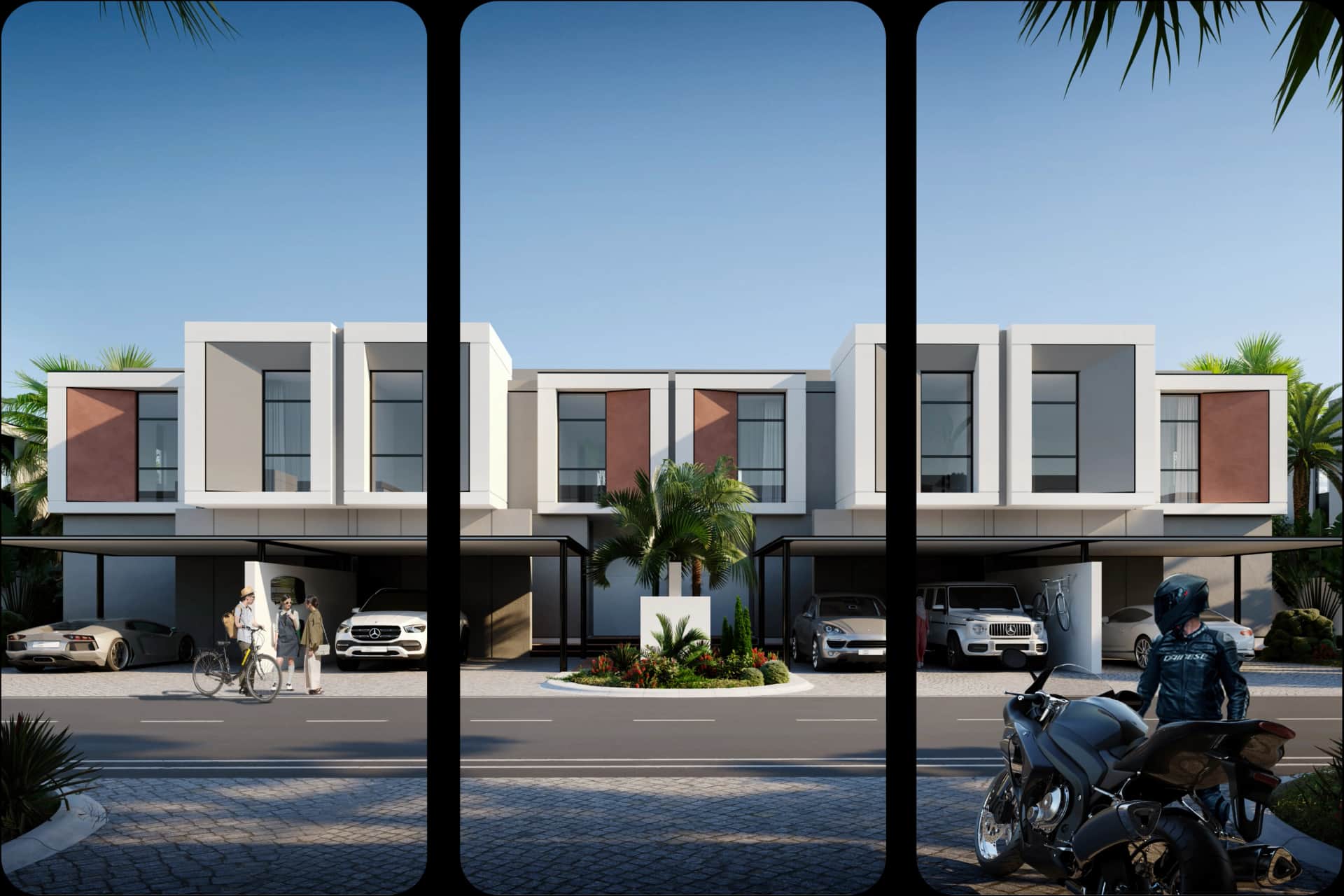 Modern residential buildings with garden and parking