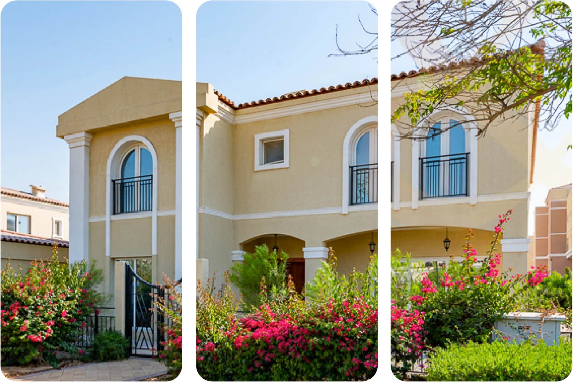 Villa exterior featuring garden pathways and blooming flowers