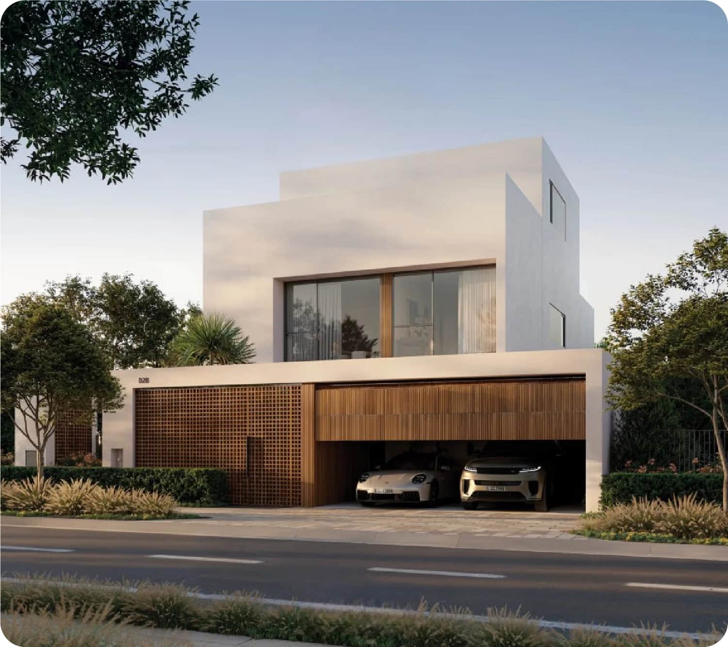 Modern white house with wooden garage and green garden