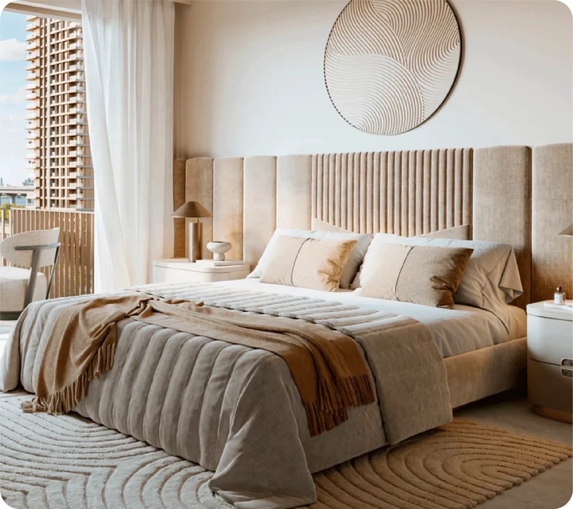 Elegant bedroom with soft beige tones and balcony view