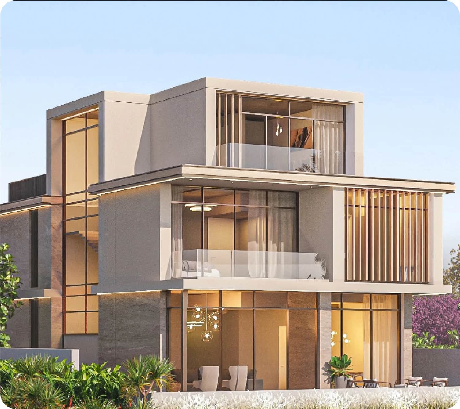 Two-story home with large windows and stone accents
