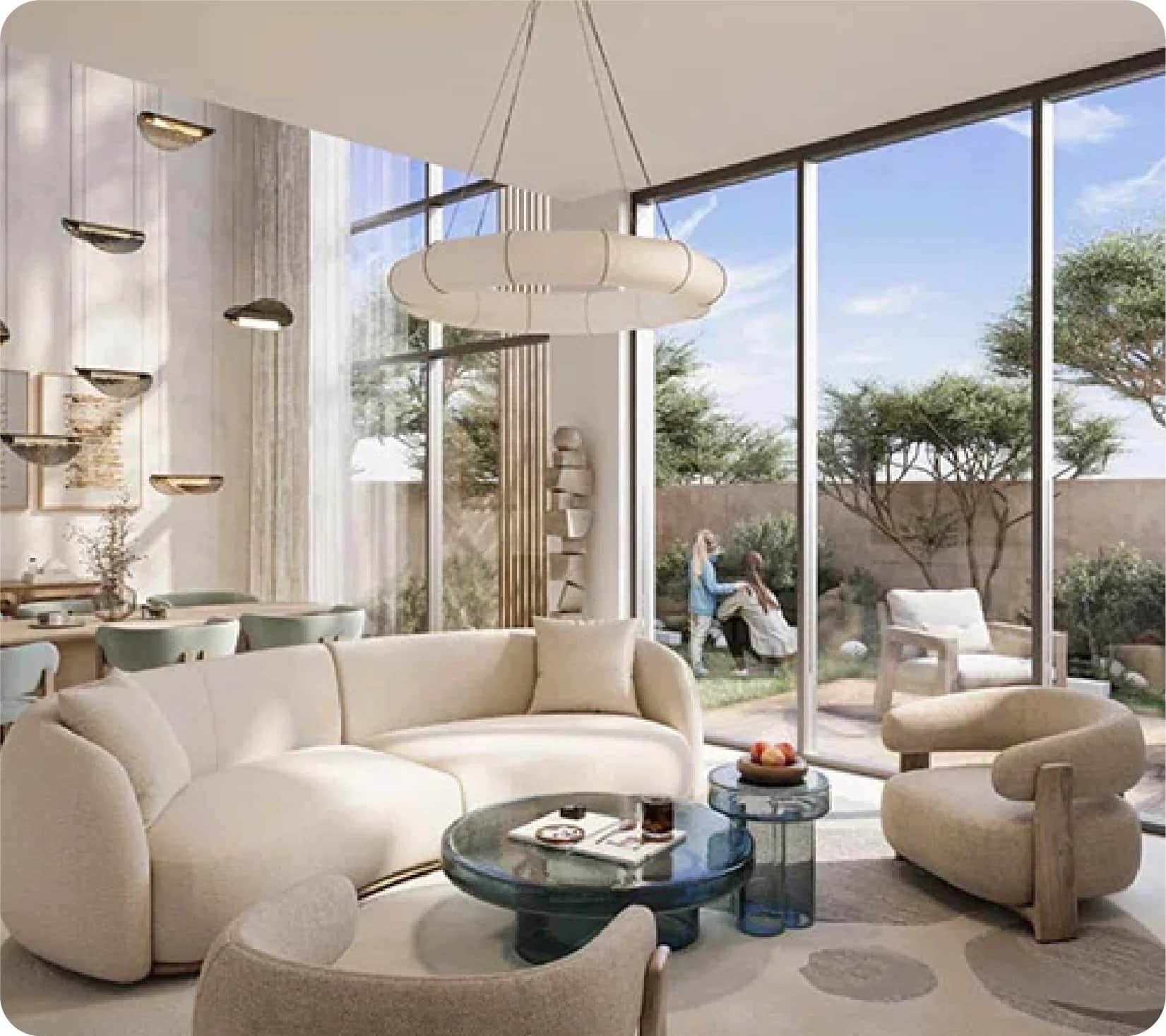 Bright Modern Living Space: Curved sofa, glass table, and outdoor view