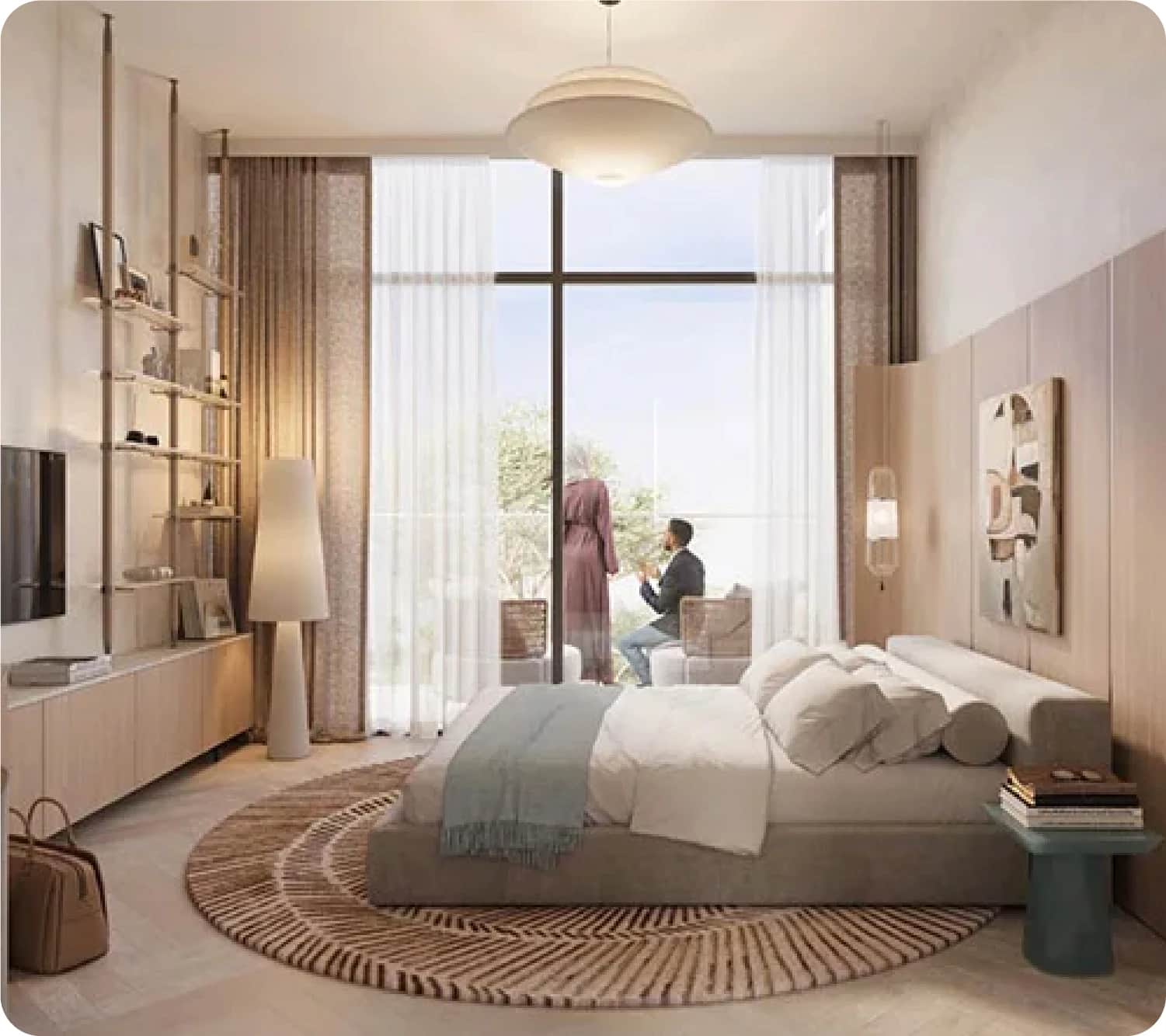 Bright bedroom with a large window and two people