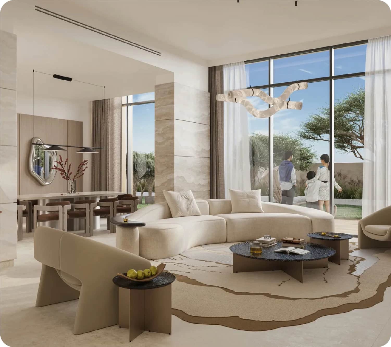 Bright, modern living room with a family outside