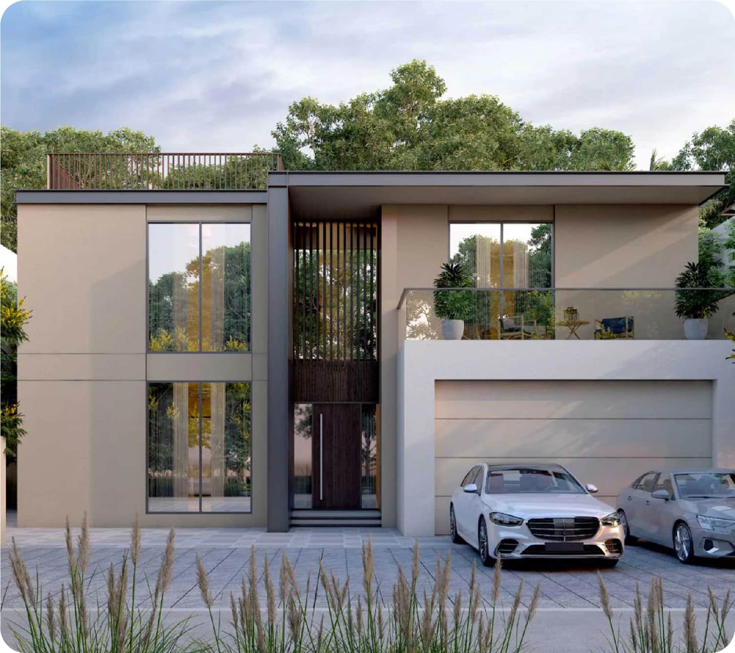 Modern villas with lush greenery and a scenic waterfront