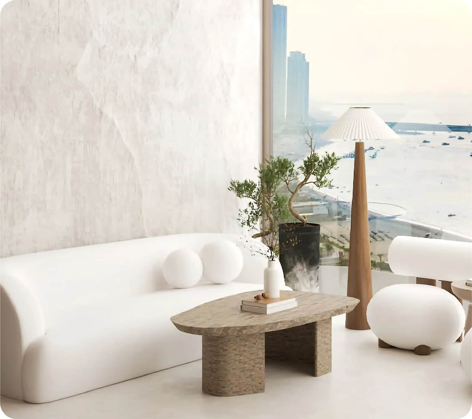 A serene coastal view with luxurious waterfront apartments