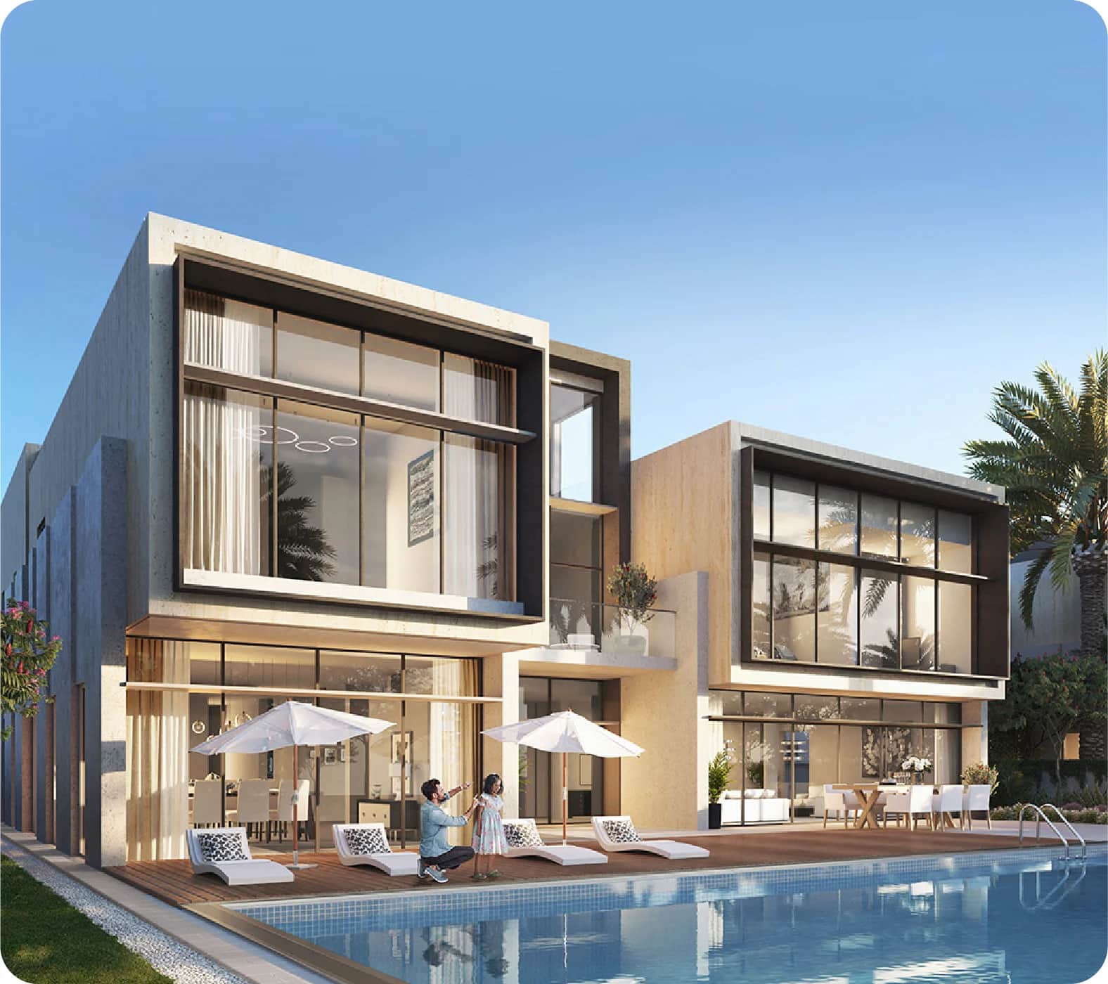 Luxury apartments with expansive city skyline views at sunset