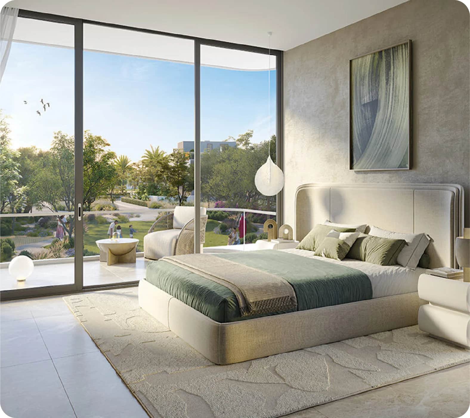 Balcony view with lush garden and pool surrounded by apartments
