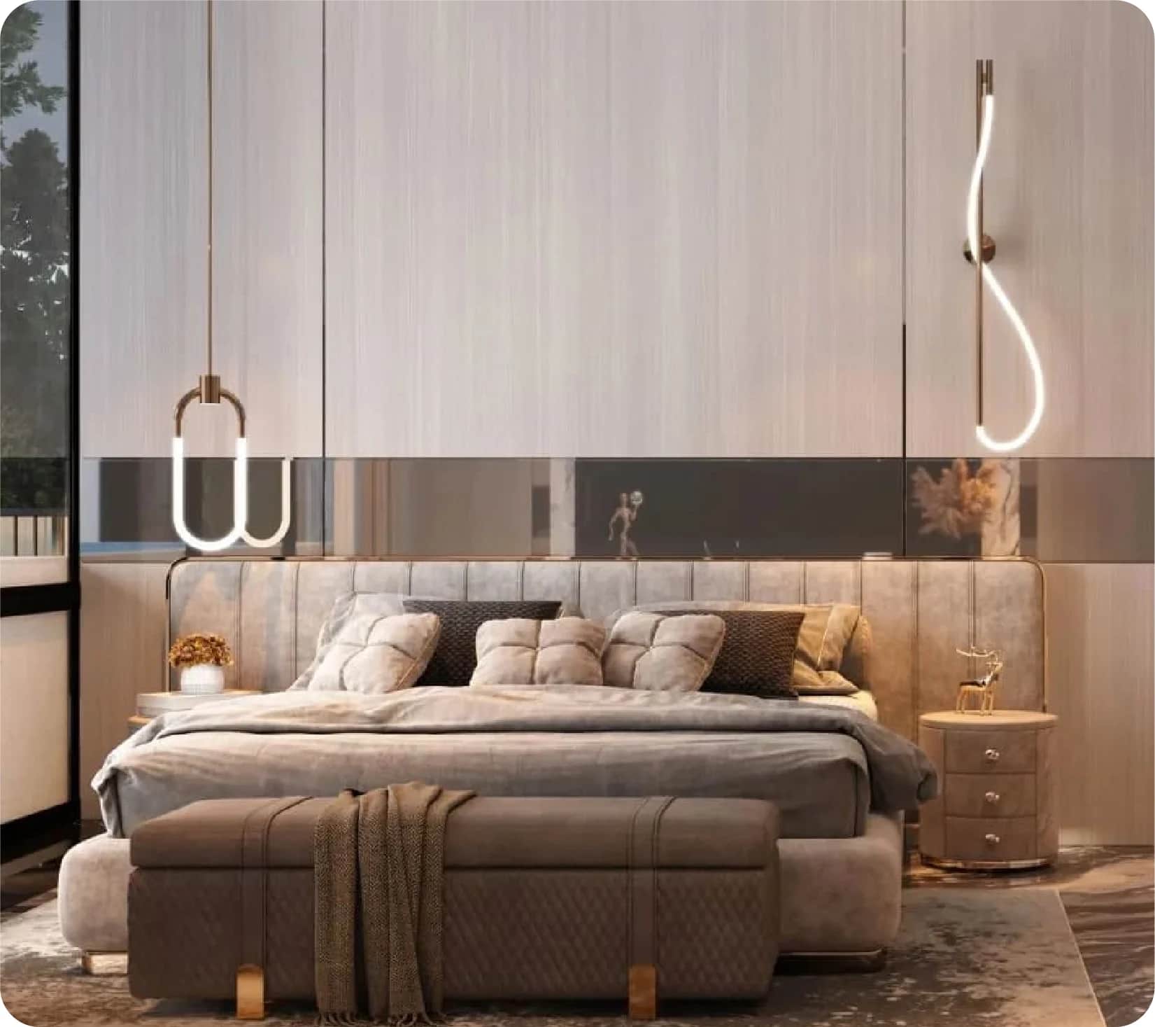 A luxury hotel exterior illuminated at night with modern design