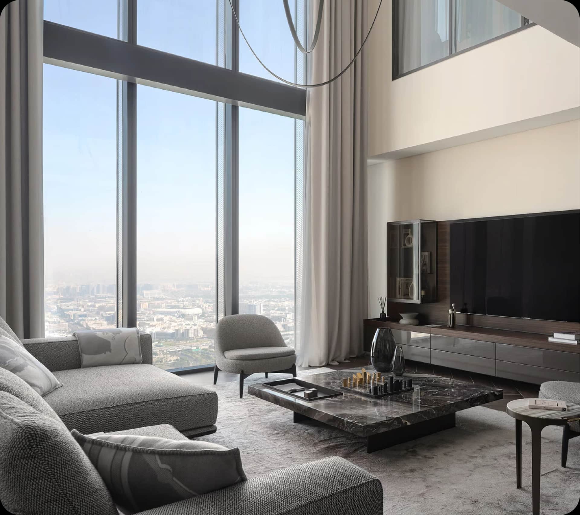 Modern living room with expansive city view windows