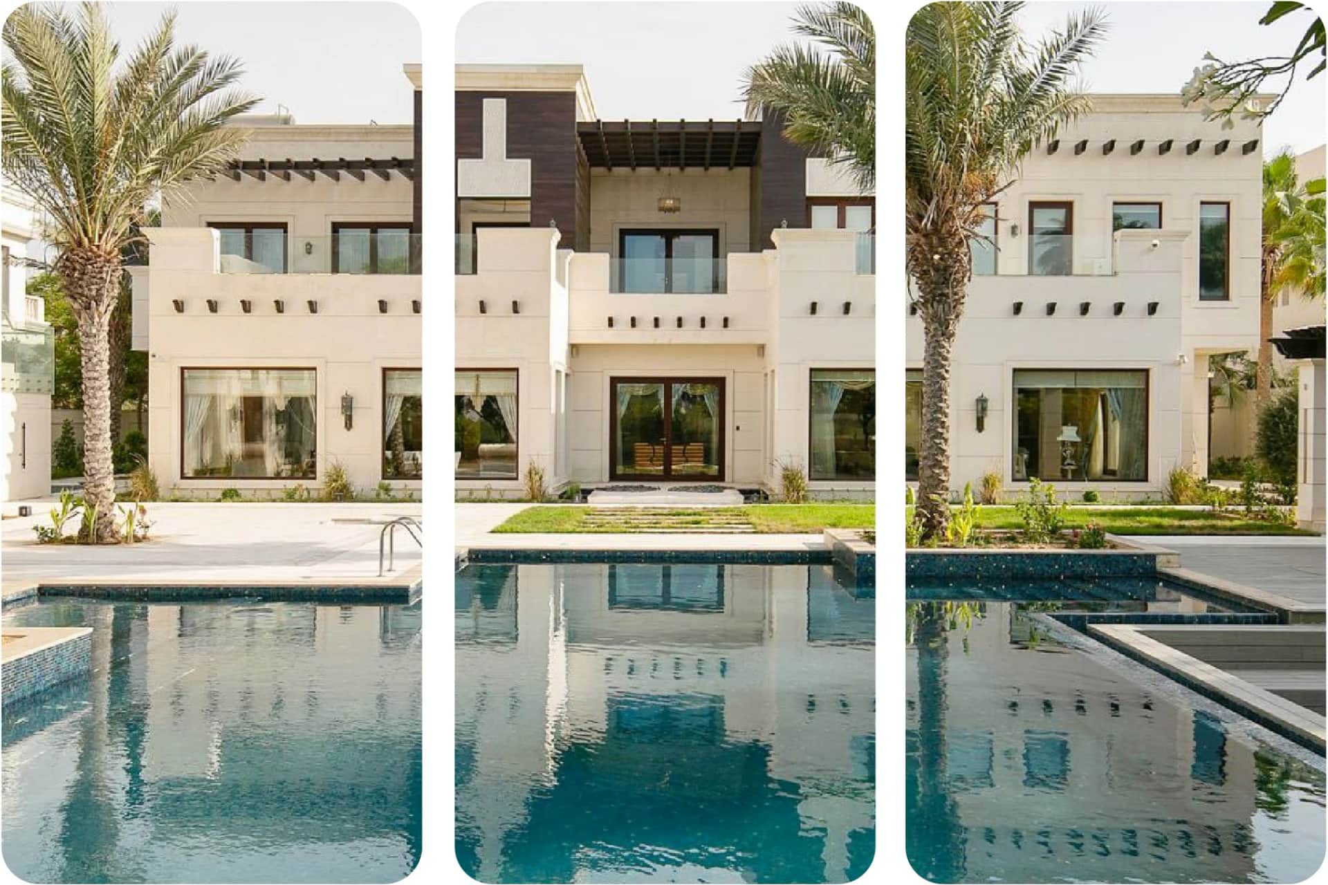 Luxurious mansion with driveway, palm trees, garden