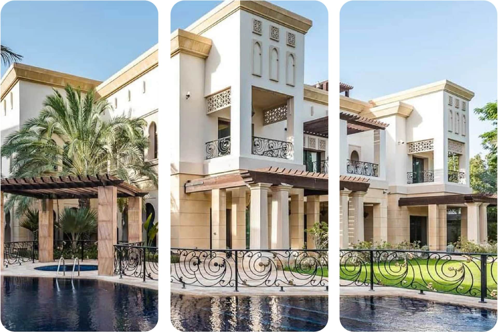 Luxurious mansion with driveway, palm trees, and garden