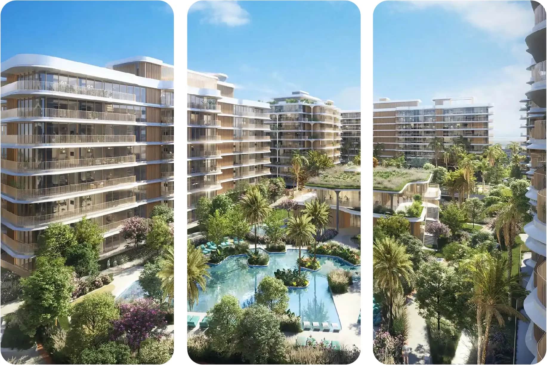 Tropical resort with modern buildings and pool