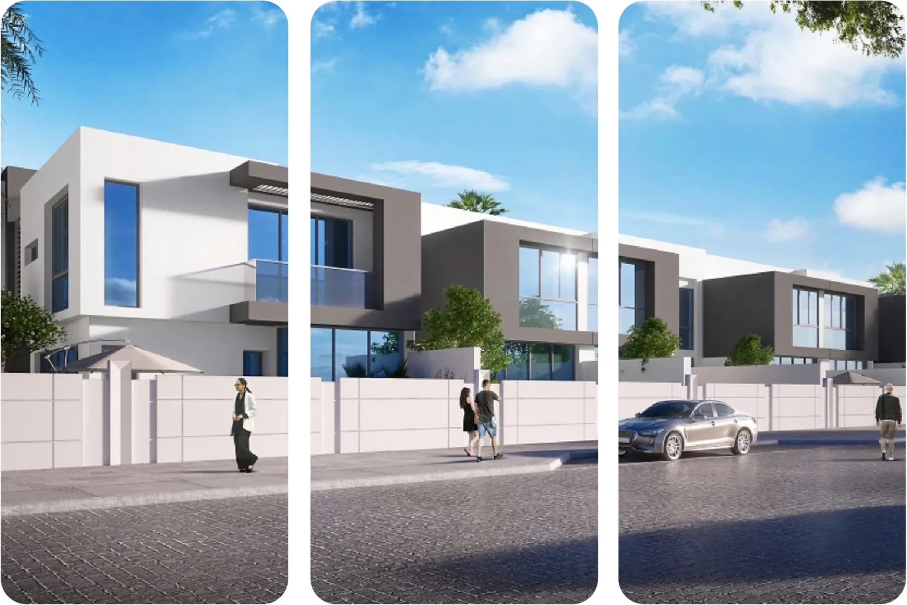 Modern townhouses along a paved street