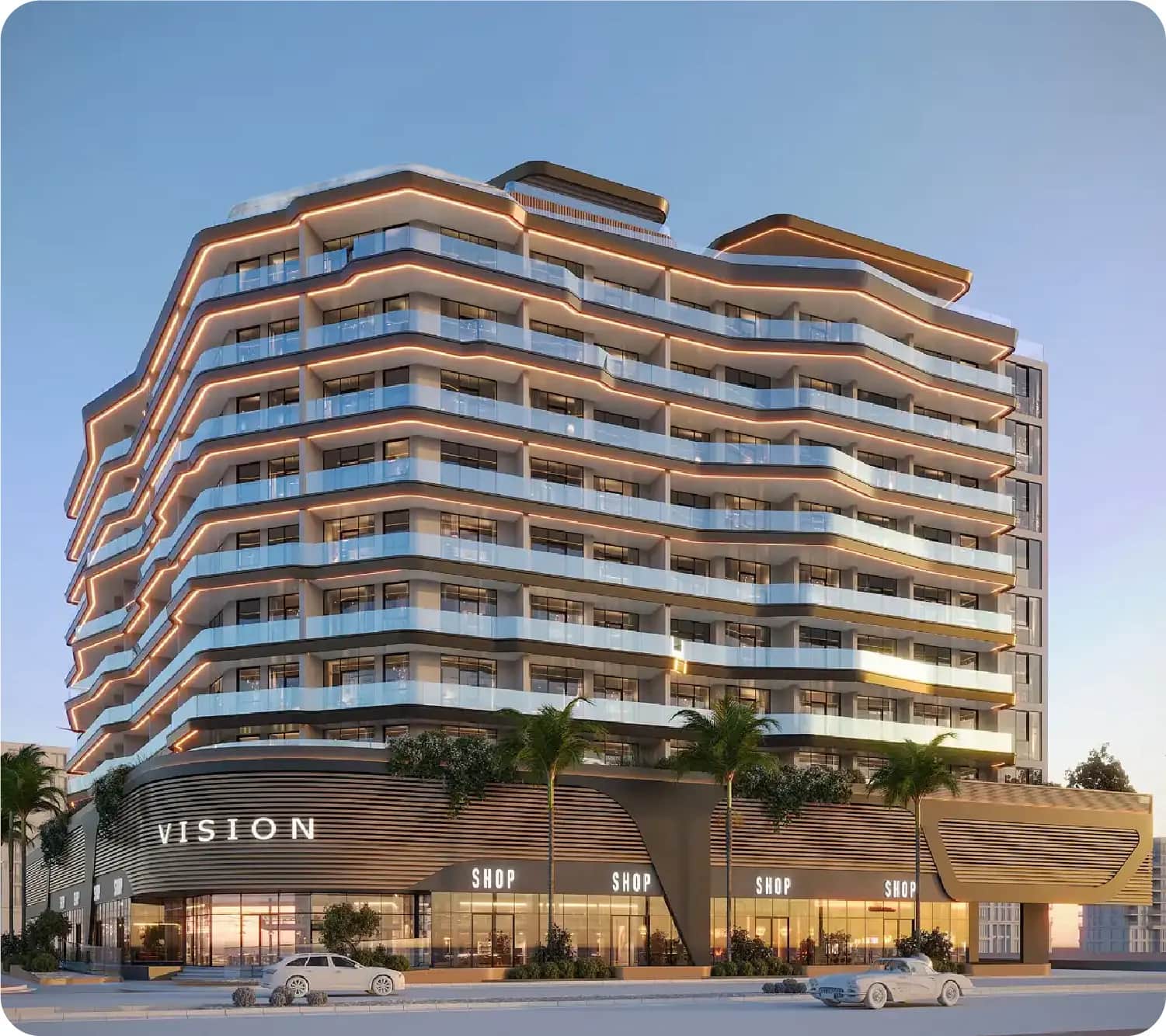 Modern mixed-use building with retail shops and residential units