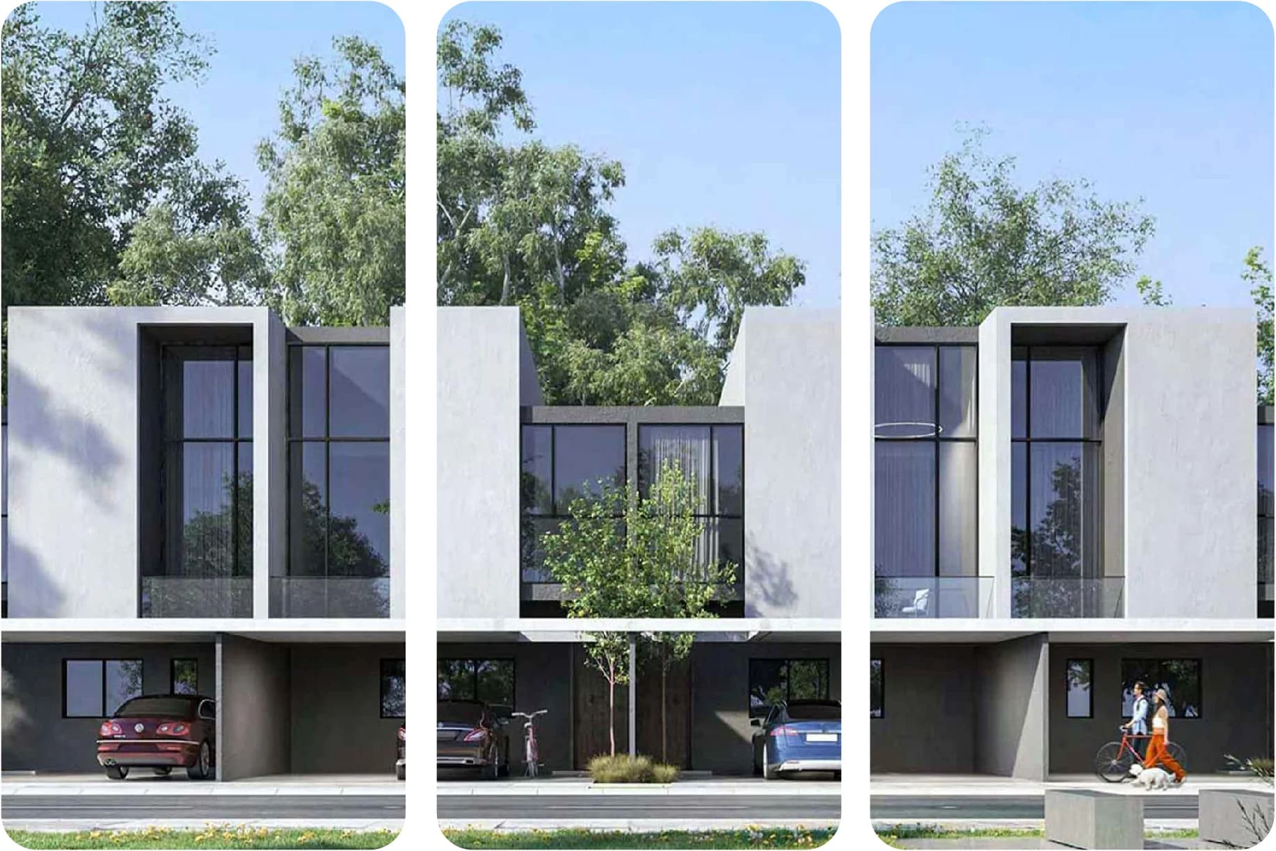 Contemporary townhouse design with spacious parking and greenery