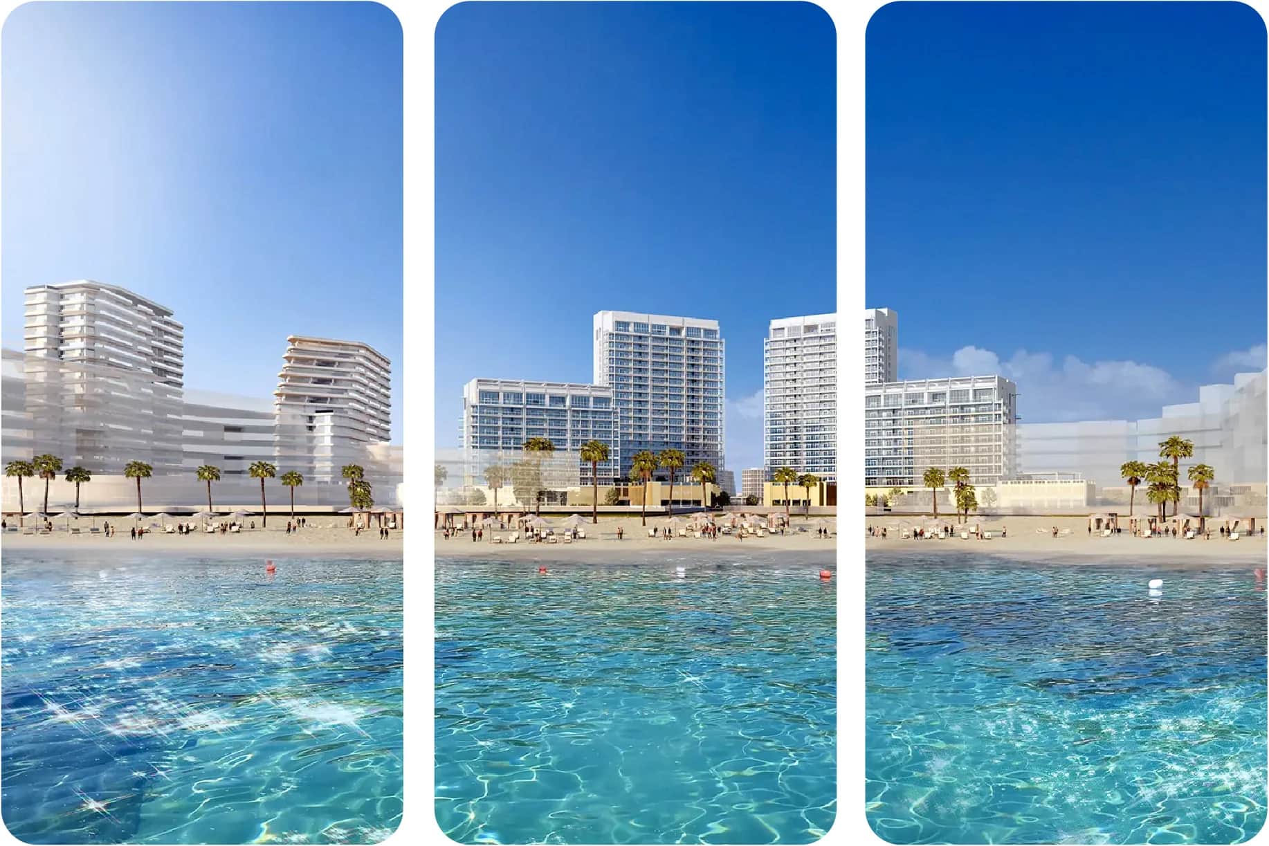Beachfront view of residential towers and clear blue waters