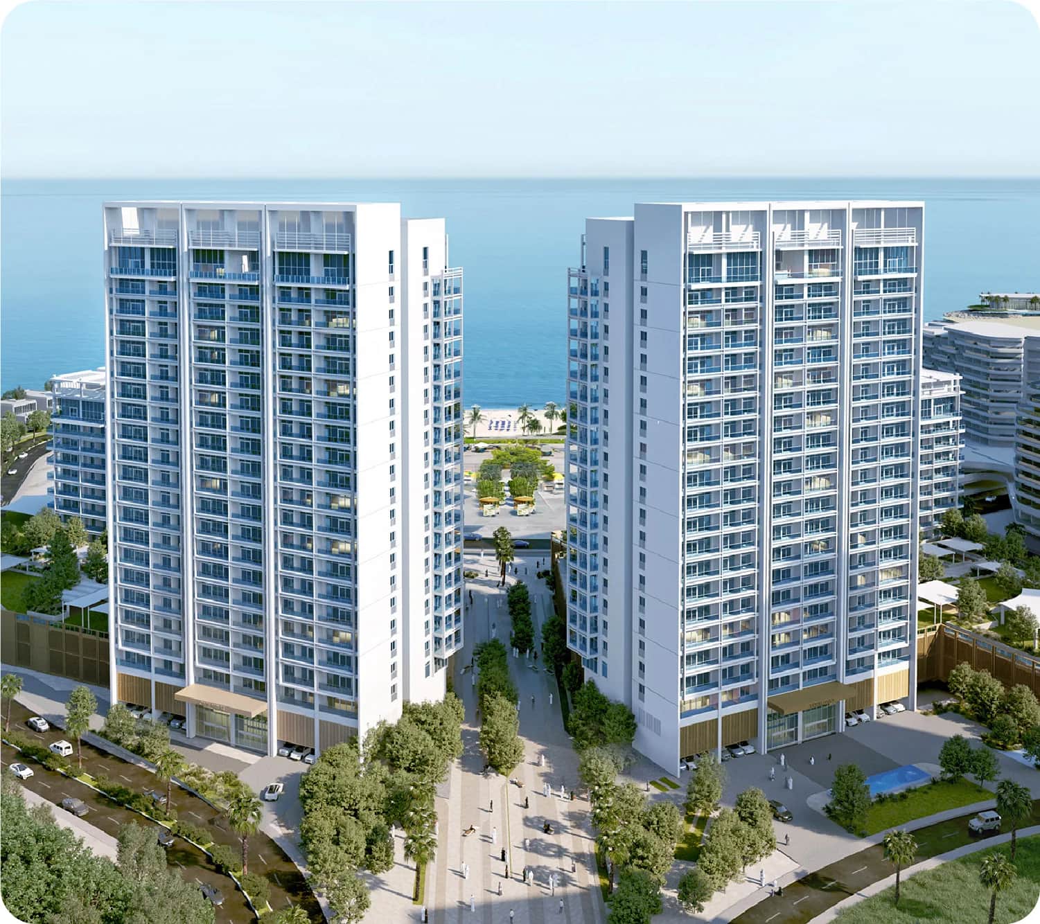 Aerial view of modern towers in Dubai Land Residence Complex