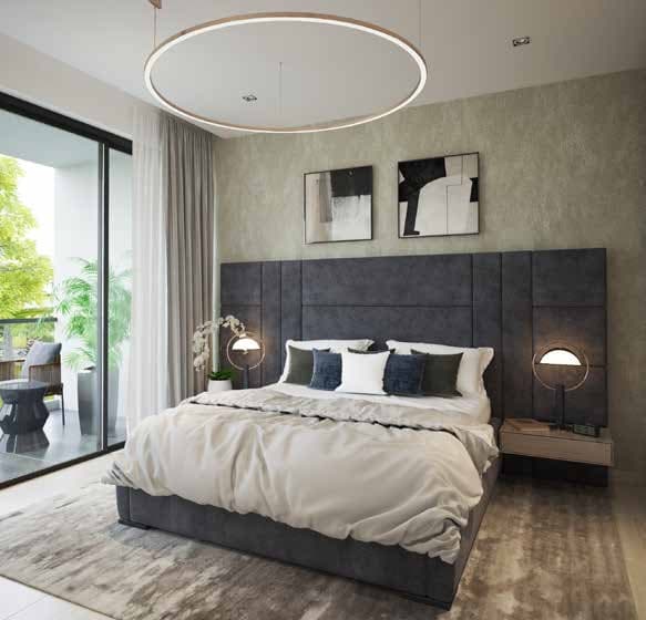 Modern bedroom with plush bed, pendant light, and balcony