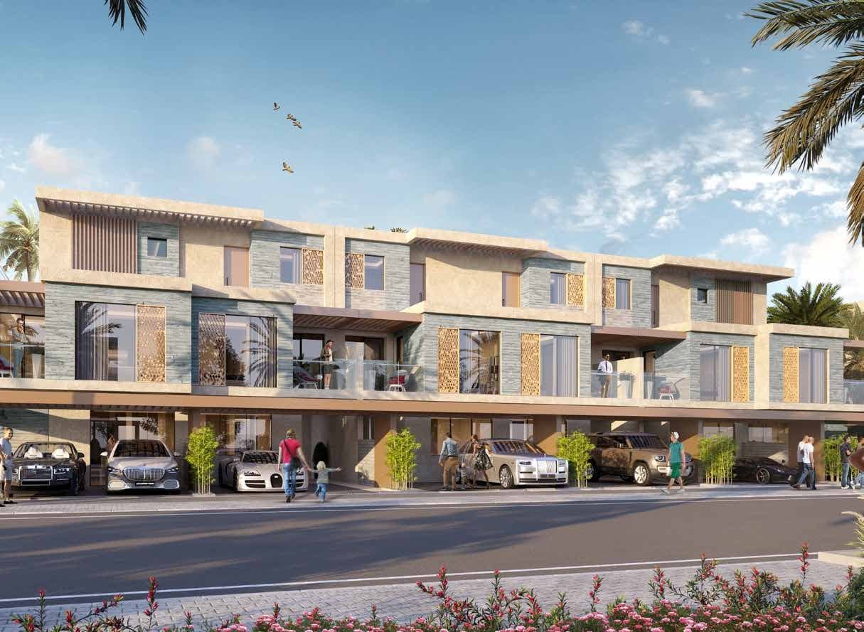 Modern townhouse community with luxury cars and green landscapes