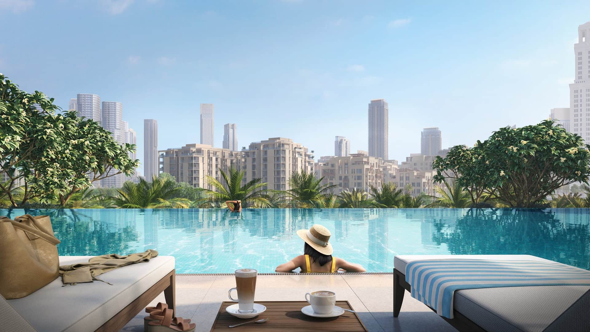 Woman relaxing in infinity pool with city view