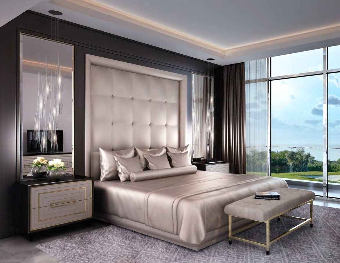Elegant bedroom with plush bed, chic lighting, and view