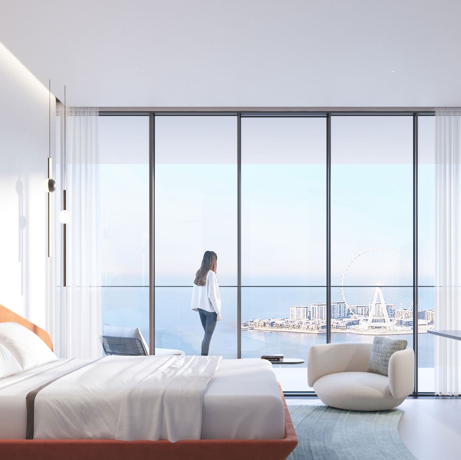 Person by window in modern bedroom with city view