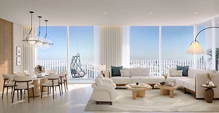 Minimalistic living room with ocean view and light decor