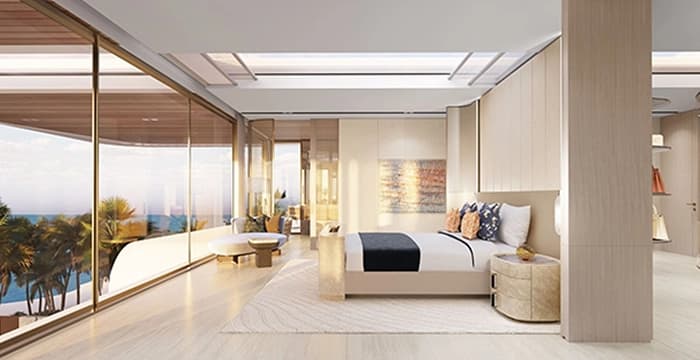Modern luxury bedroom with ocean views and contemporary design