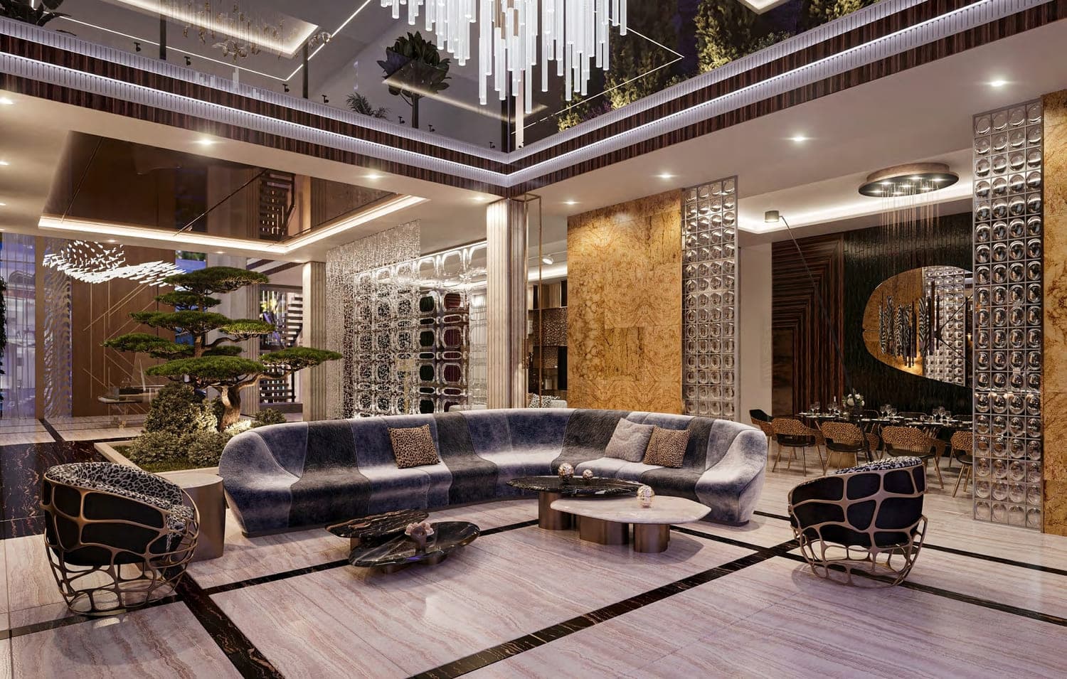 Luxurious bedroom with a chic design, elegant lighting, and stunning view