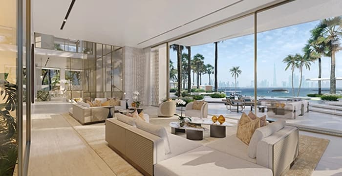 Elegant living room with glass walls and ocean skyline views