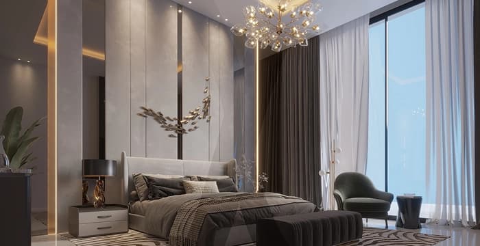 Luxury bedroom with elegant decor, plush furniture
