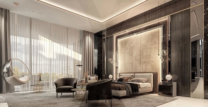 Chic, modern luxury bedroom with stylish accents