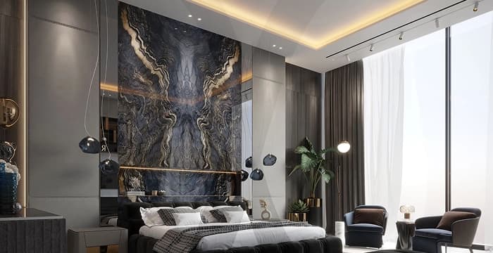 Upscale luxury bedroom with dramatic accent wall