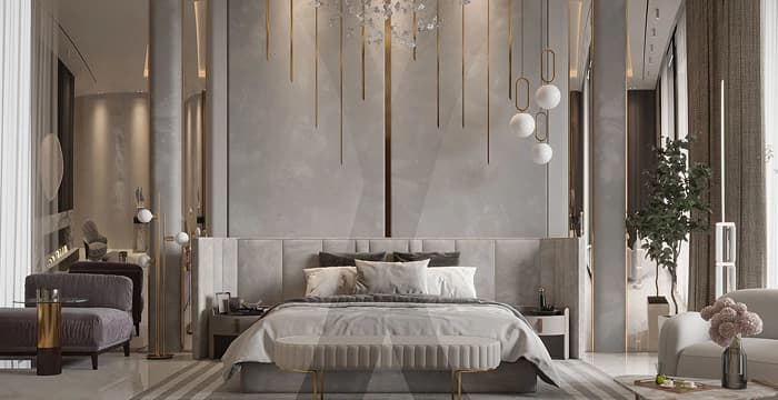 Luxurious modern bedroom with sleek furniture and lighting