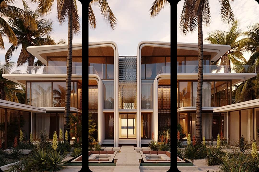واجهة فيلا فاخرة مع أشجار النخيل وتصميم مذهل