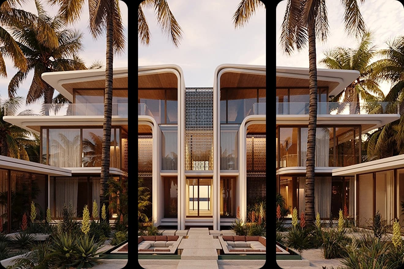Luxury villa exterior with palm trees and stunning design