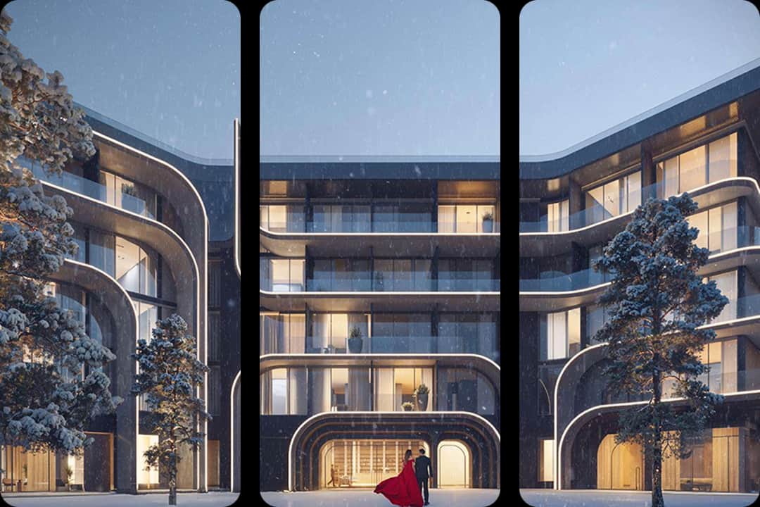 هندسة معمارية بطابع شتوي مع الثلج وتصميم عصري