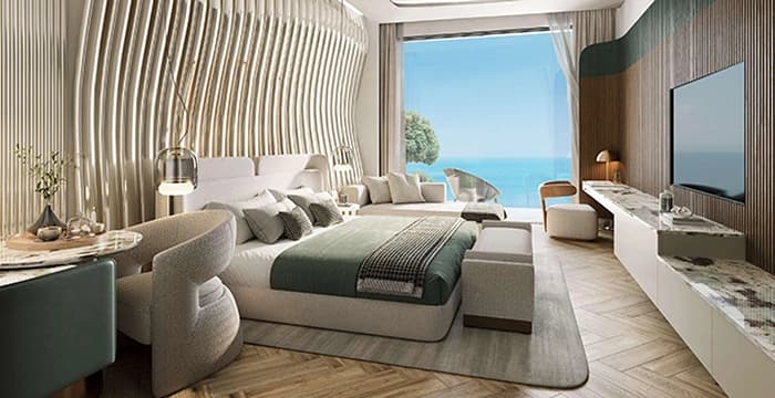 Modern bedroom with ocean view and natural materials