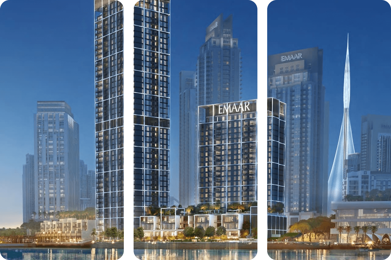 Emaar waterfront towers at dusk, reflecting in the water