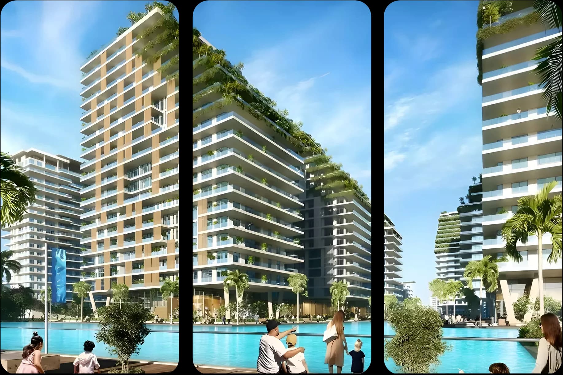 Modern high-rise apartments with balconies overlook a pool