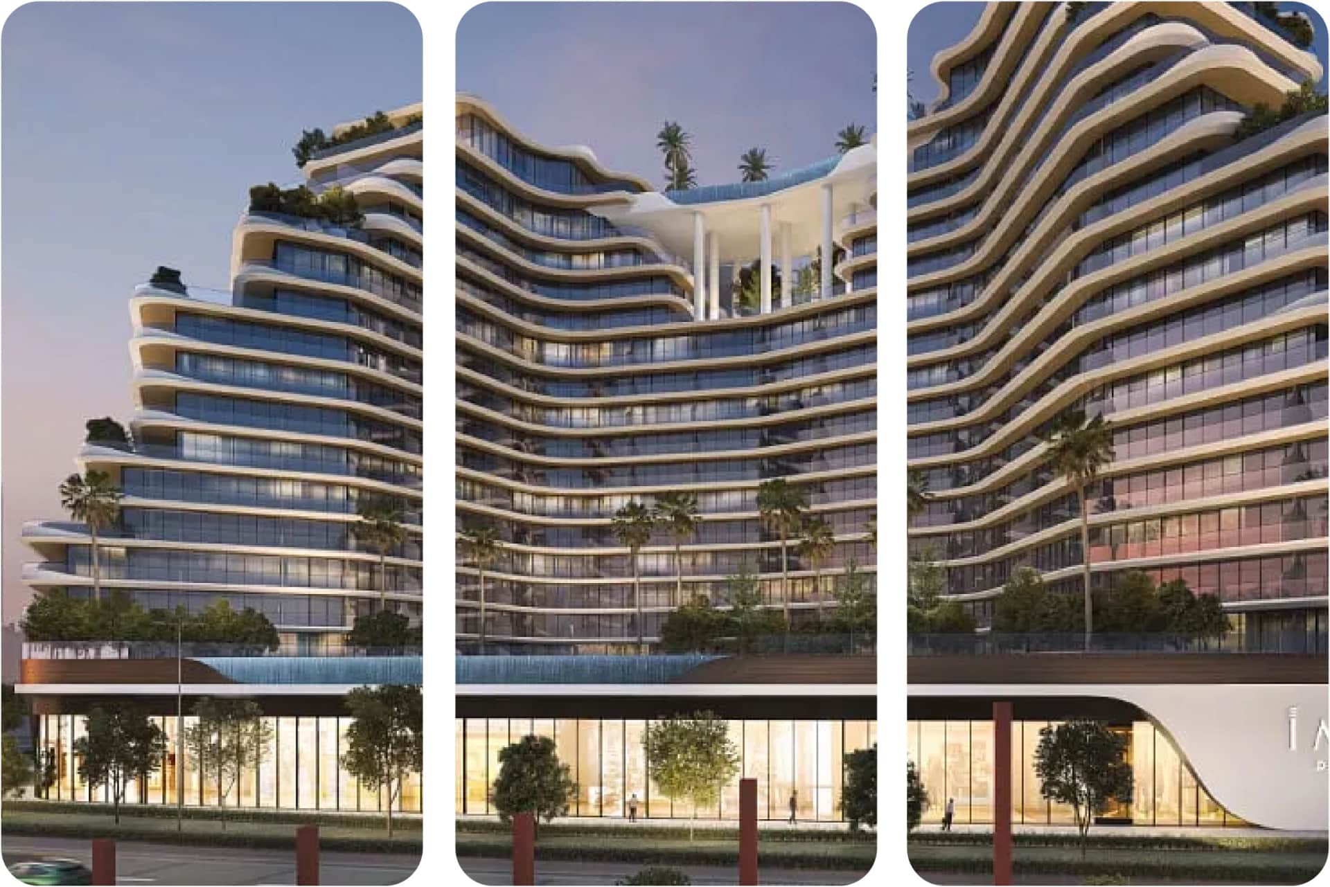 Modern, curved high-rise with many balconies and greenery