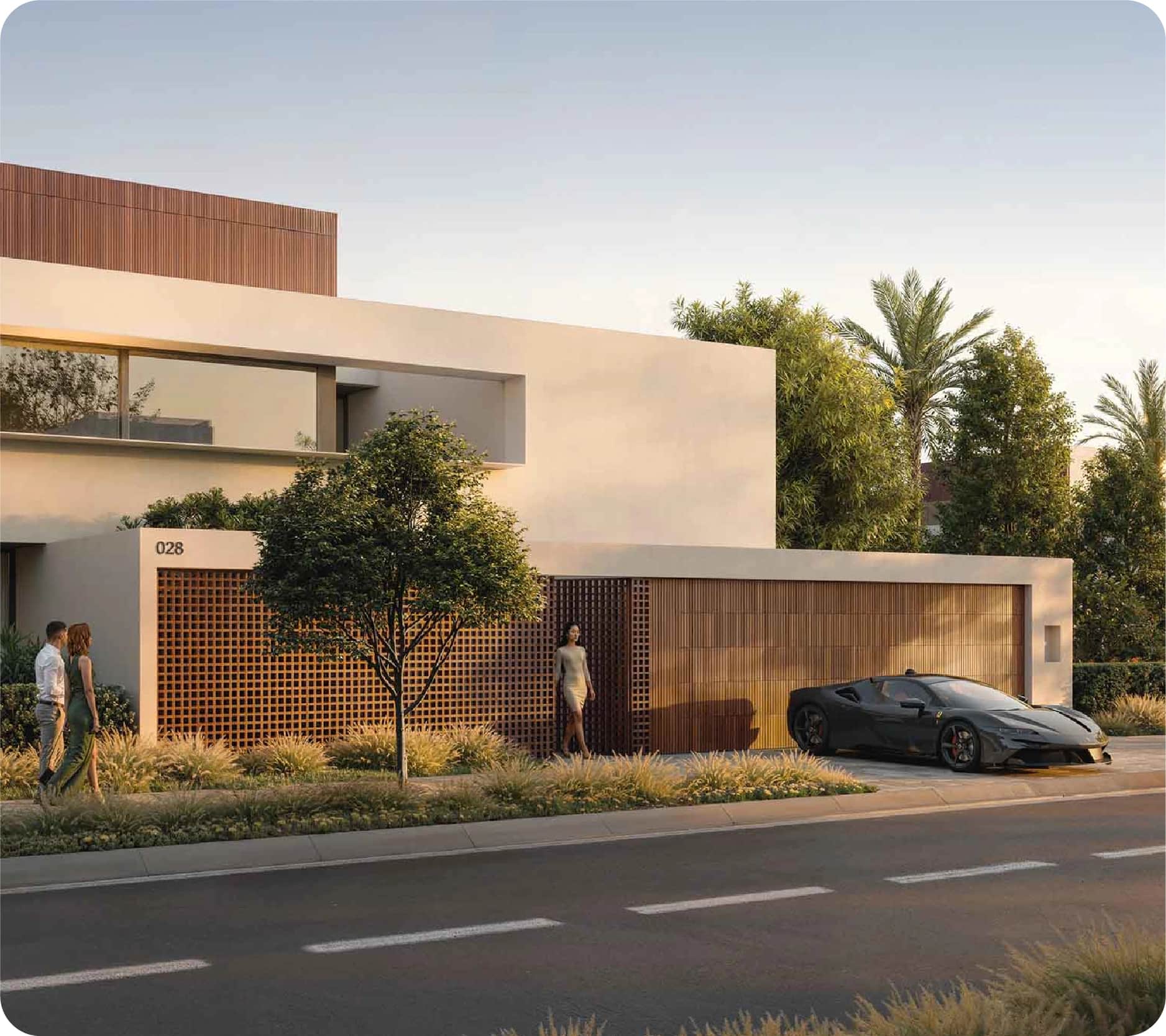 Modern house with a car and people standing outside