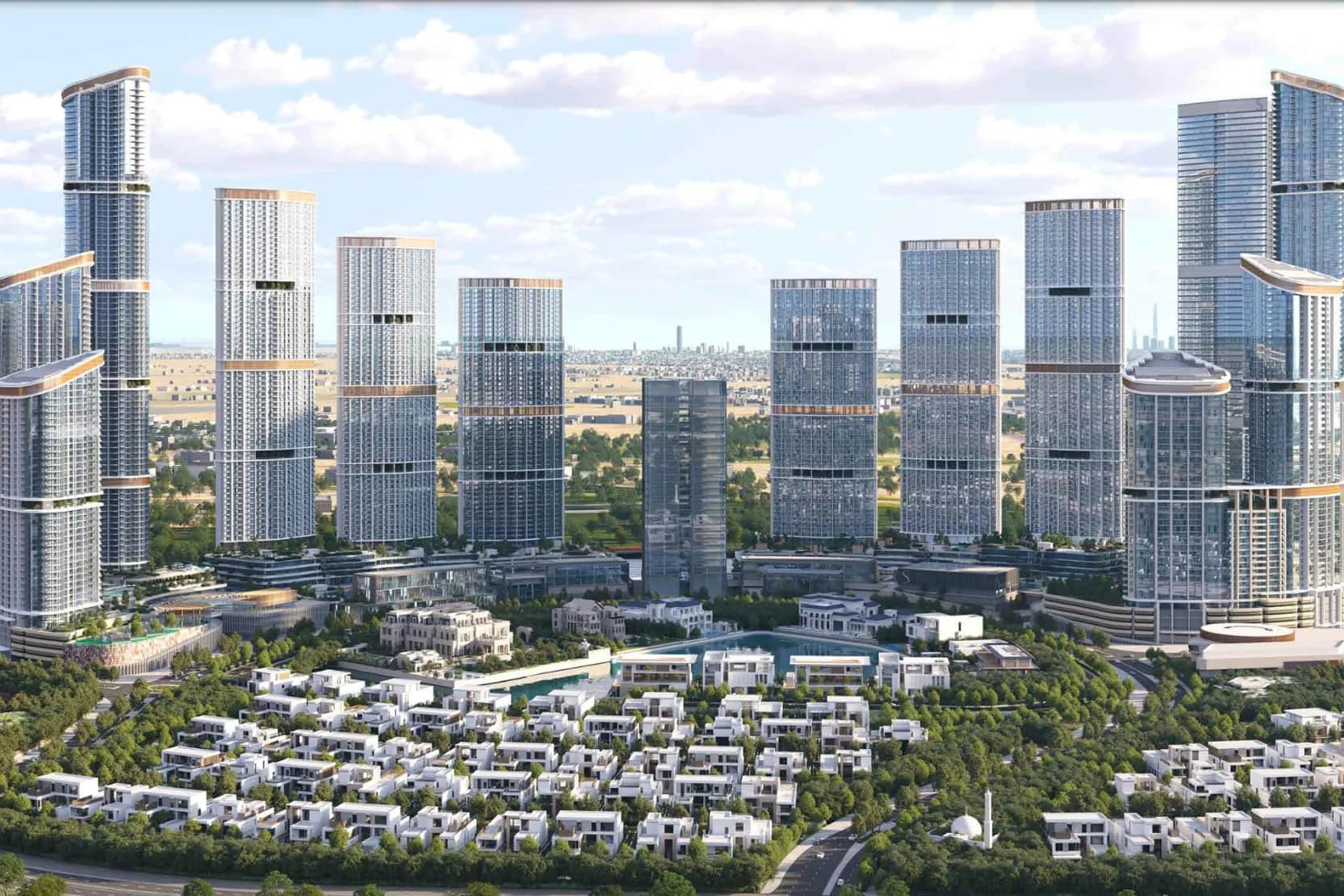 Modern cityscape with skyscrapers and villas