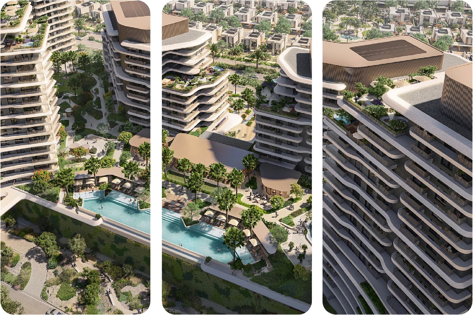 Luxury curved buildings with gardens, pool, and greenery